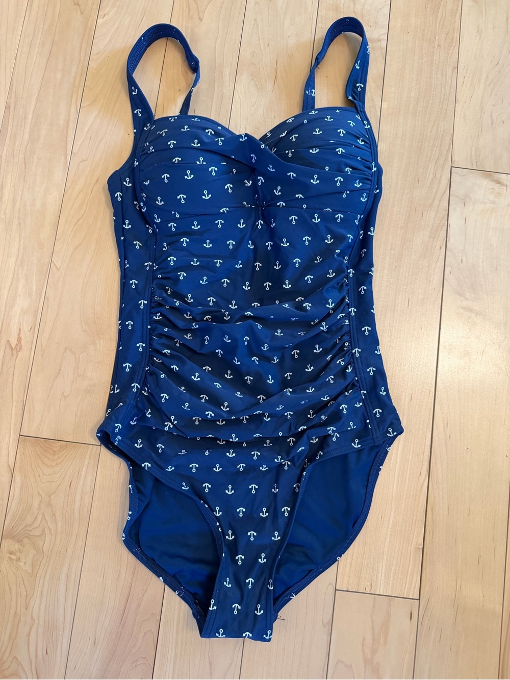 Navy Anchor Print One-Piece Swimsuit with Supportive Ruched Front